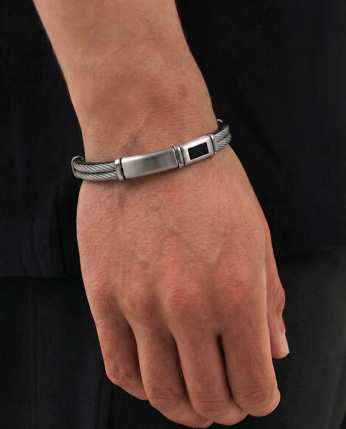 Men's black leather ID bracelet by Link N Lock®