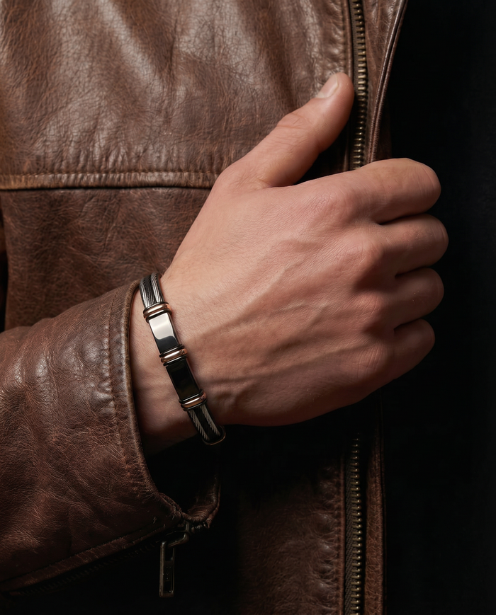 Close-up of Link N Lock® black leather bracelet