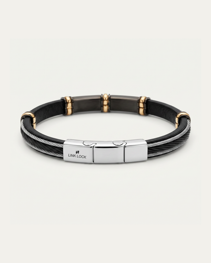 Men's 8.5-inch leather ID bracelet with magnetic clasp