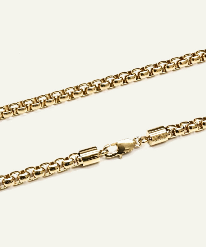 Link N Lock® men's gold-toned box chain necklace detailing clasp and logo end cap