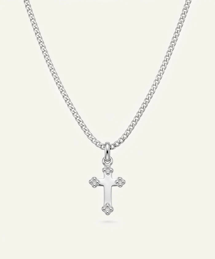 Close-up of Link N Lock® silver cross pendant