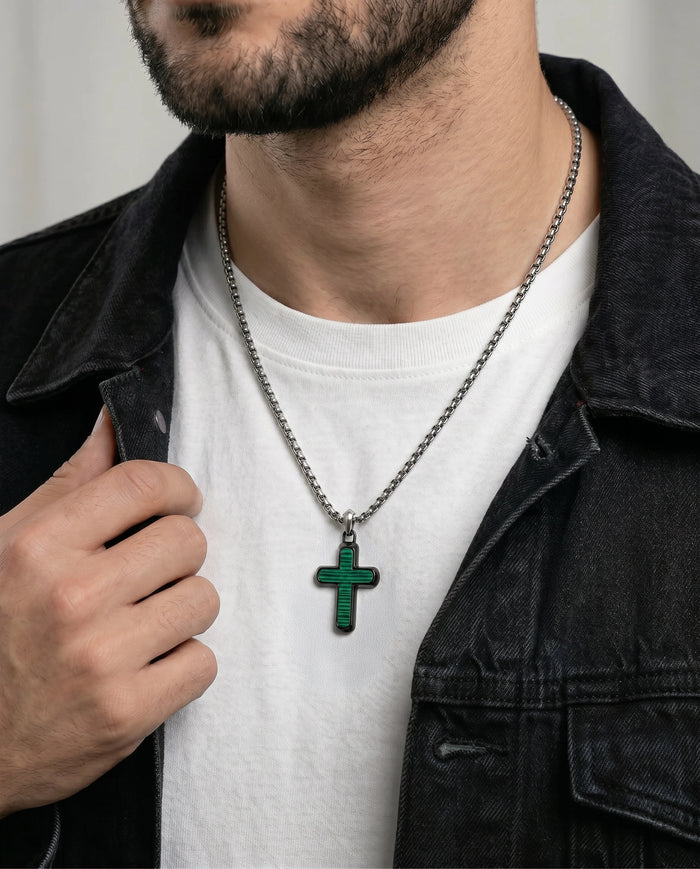 Close-up of Link N Lock® synthetic malachite cross pendant