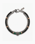 A men's multi-strand bracelet featuring black faceted beads, silver-tone chain links, rose gold spacer beads, and green accent beads, with a round medallion charm and lobster clasp closure.