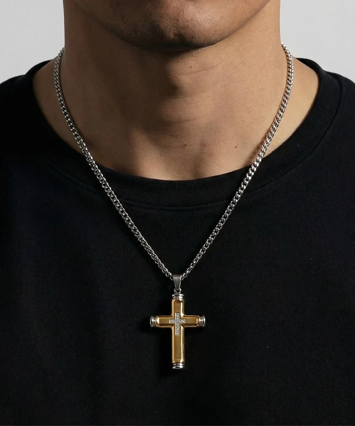 Close-up of Link N Lock® white cubic zirconia cross pendant