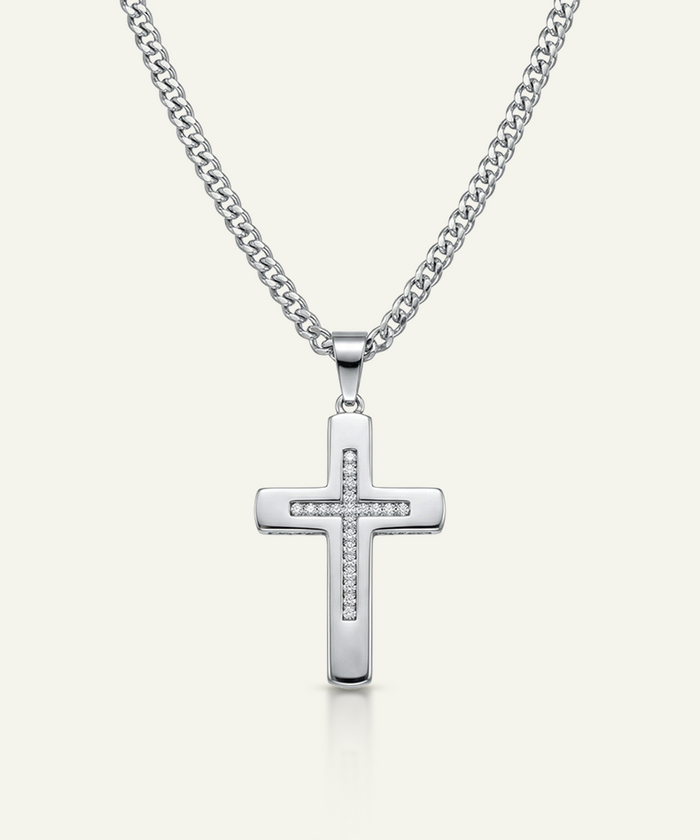 Men's white CZ cross pendant with curb chain by Link N Lock®