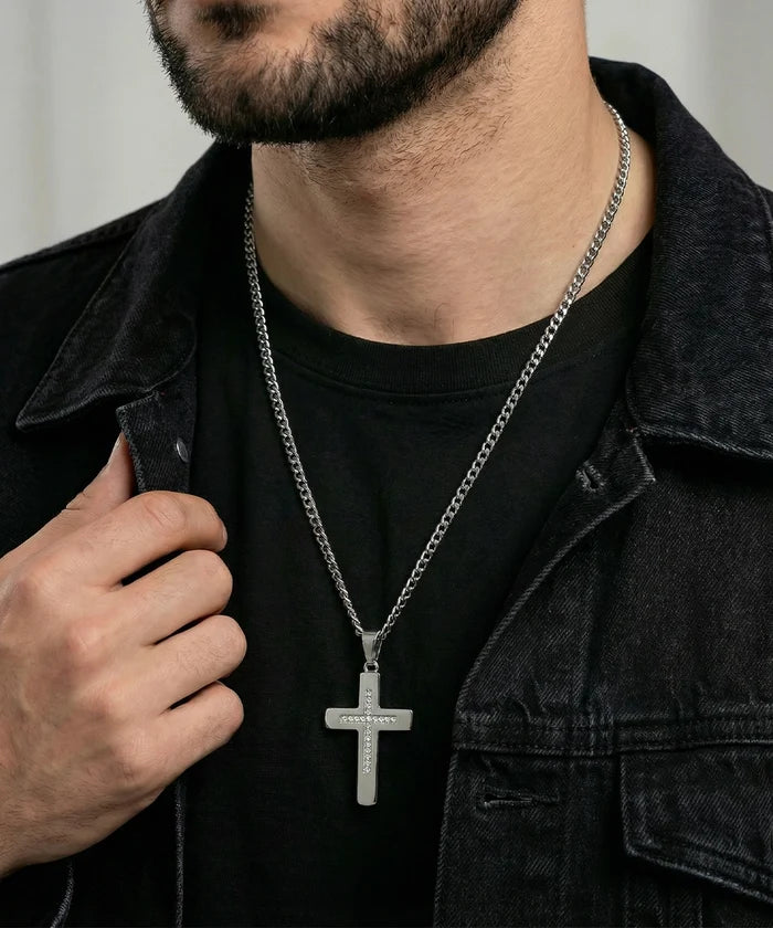 Close-up of Link N Lock® white cubic zirconia cross pendant