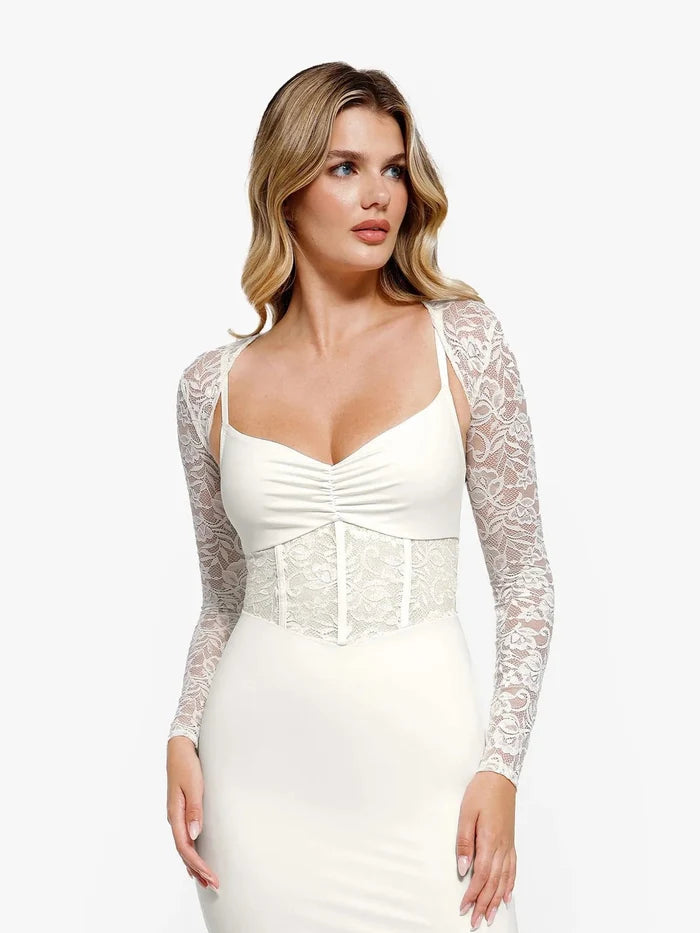 Enhance your style with Popilush® lace shrug and white dress.
