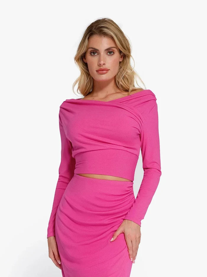 Pink Long-Sleeve Crop Top from Popilush®, off-shoulder, stylish and comfortable