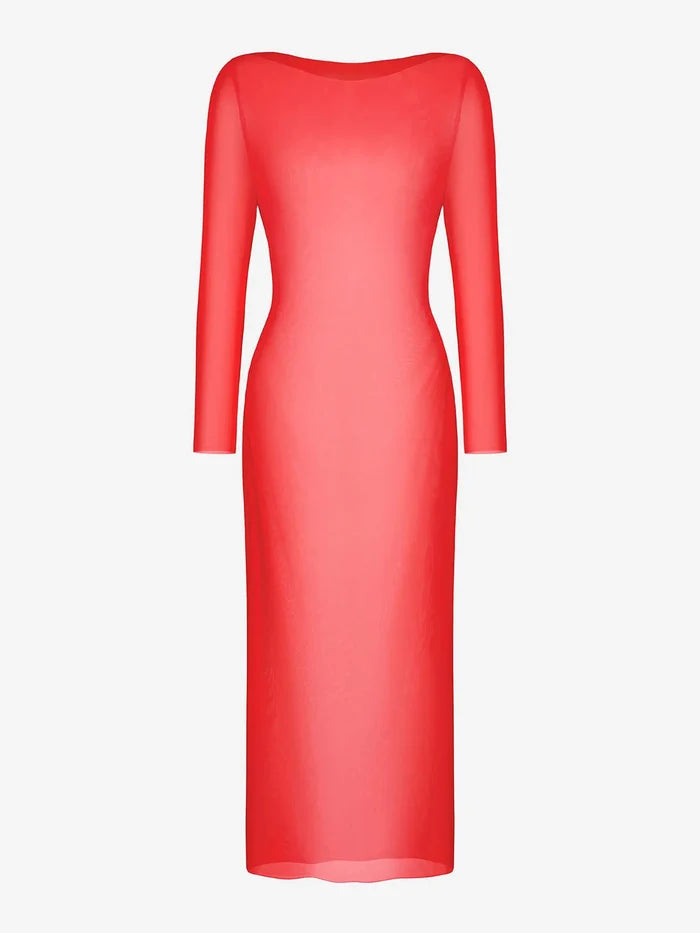 Popilush® Red Sheer Mesh Maxi Cover-Up Dress