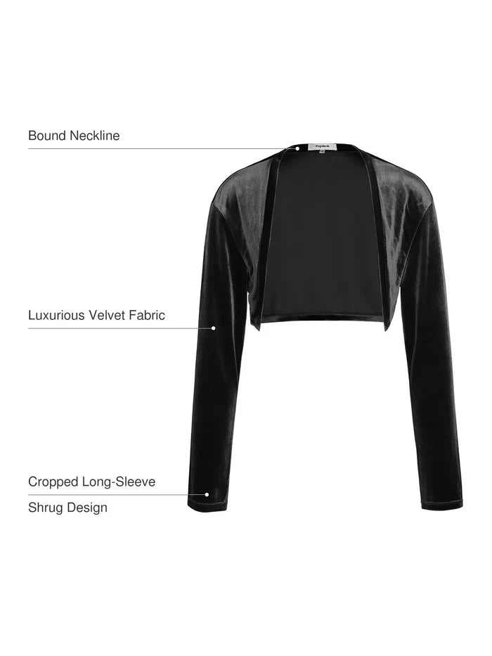 Black velvet long-sleeve shrug bolero with cropped fit and thumbhole sleeves