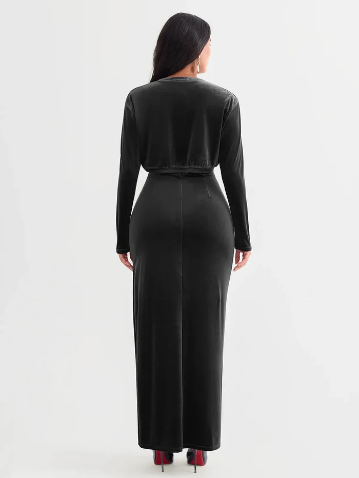 Velvet long-sleeve shrug bolero in black, cropped style with thumbhole sleeves.