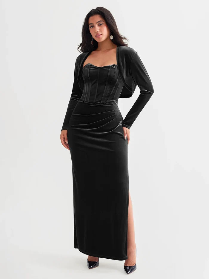 Black velvet long-sleeve shrug bolero with corset dress