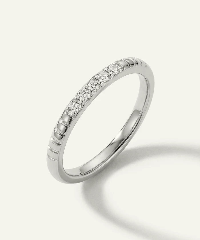 Silver ring with small diamonds on a white background