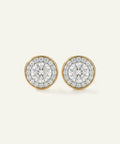 Pair of diamond earrings with gold rims on a light gray background