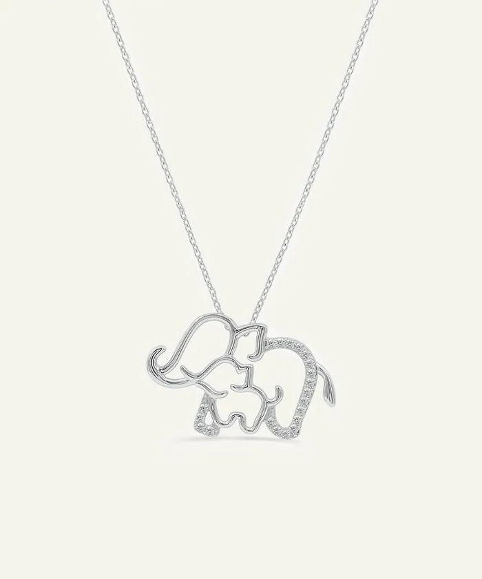 Silver elephant pendant necklace on a white background
