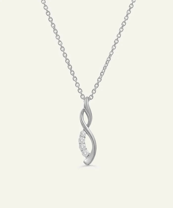 Silver necklace with a twisted pendant on a white background