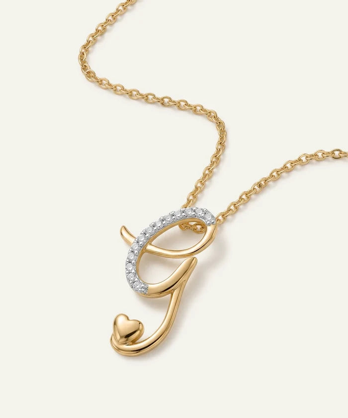 Gold necklace with a letter 'G' pendant on a white background
