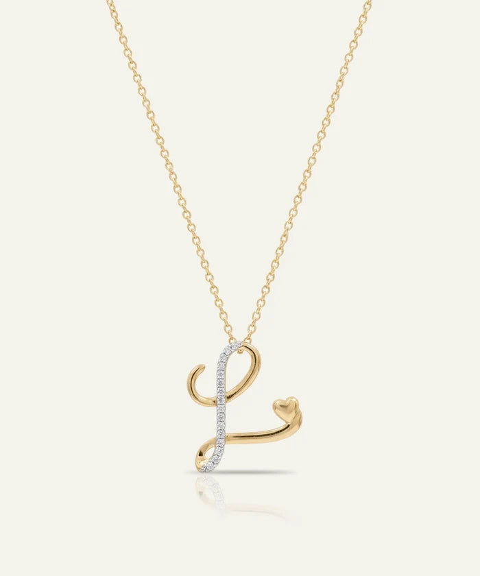 Gold necklace with a letter 'L' pendant on a white background