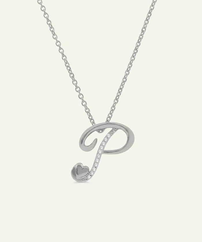Silver necklace with a 'P' pendant on a white background