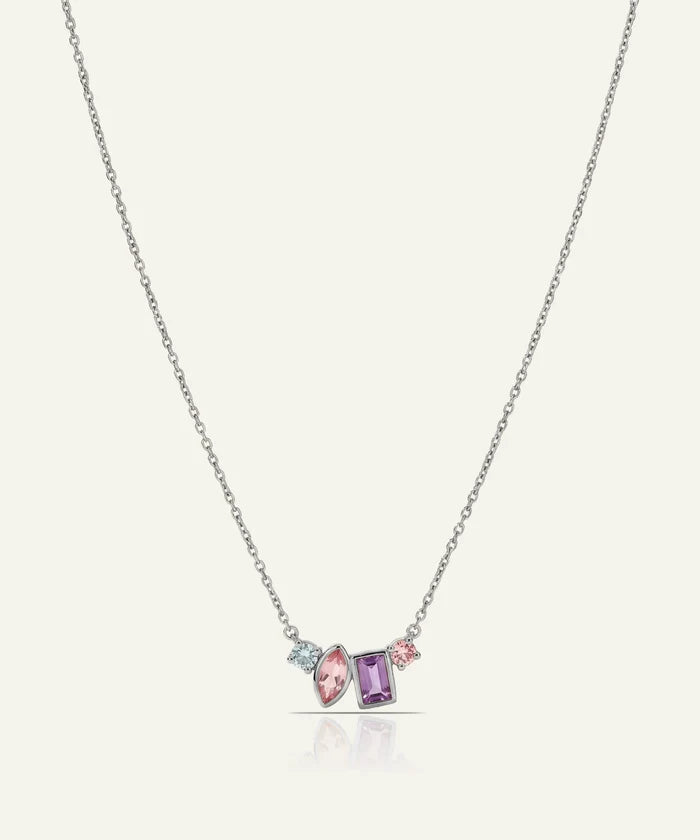 Necklace with a pink and gray pendant on a white background