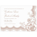 Scalloped lace trim on the bottom and right side of the page with lace flower and leaves in the bottom right corner. Block and script font left aligned in dusty blush.