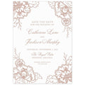 White save the date with corners adorned with flowers and leaves. Block and script font centered on the card.