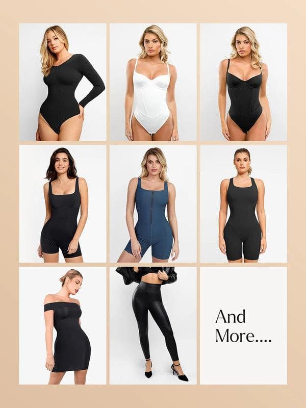 Mystery box with assorted shapewear: bodysuits, dress, shorts, and leggings. Shop shapewear magic.