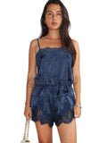 Navy Lace Trim Satin Top