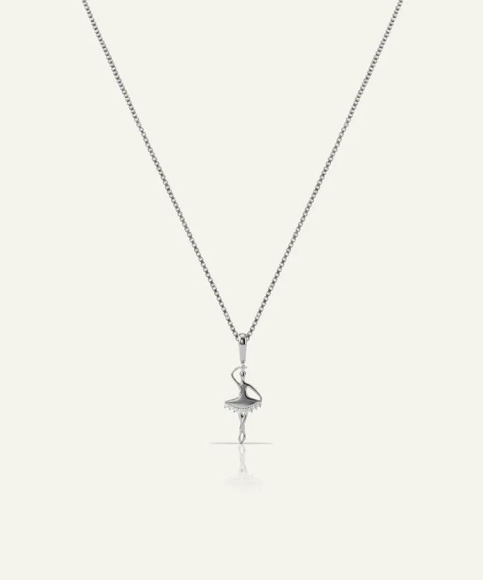 Silver flamingo pendant necklace on a white background