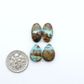 Number 8 Turquoise cabochons, blue and green color with brown matrix, polished stones on a white background, with a US dime for scale