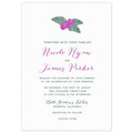 Purple and green orchid and leaf motif at the top of a white card. Block and script font centered on the page in the same colors.