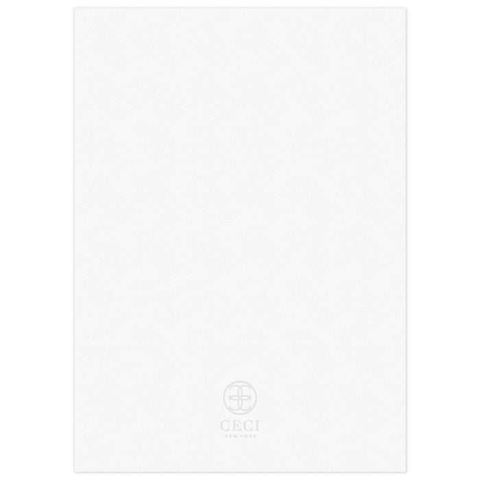 White blank back of a save the date with a gray Ceci New York circle logo at the bottom.