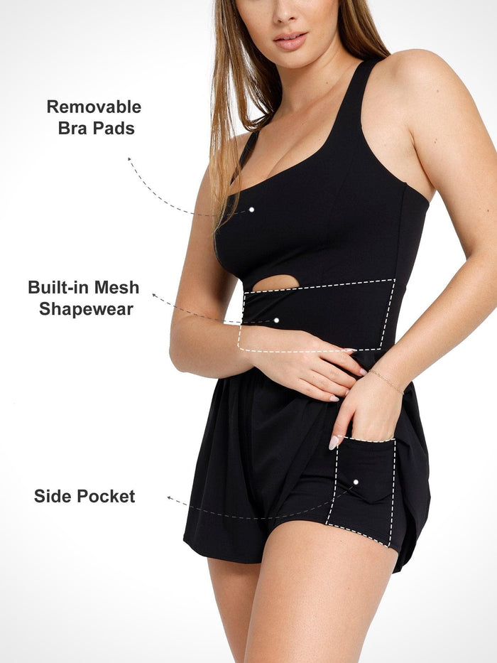 Black romper with side pocket and shapewear from Popilush®; features built-in support.