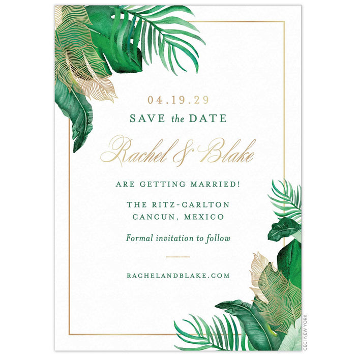Watercolor tropical leaves and drawn gold leaves in the top left and bottom right corner of the card. Centered gold and green copy. Thin gold line bordering the card.
