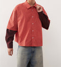 Reclaimed Vintage boxy crop red check shirt with double layer sleeve in Burgundy