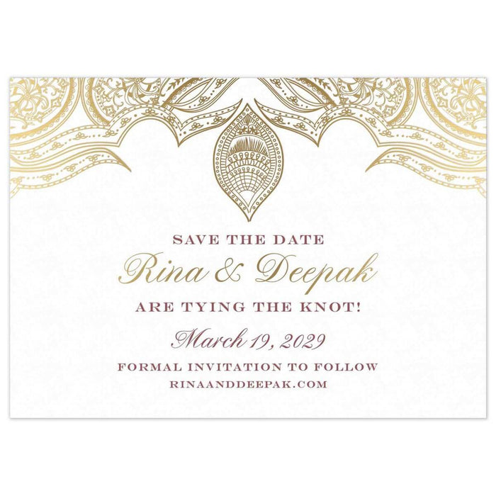 Gold Indian pattern at the top of the card. Maroon block and gold script copy centered on the page.