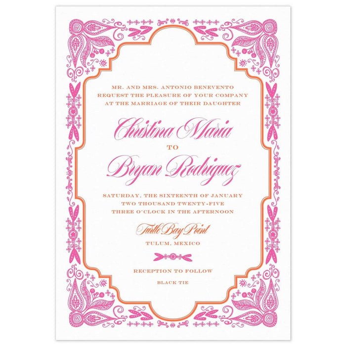 Intricate mexican border in hot pink, an orange frame holding block and script font.