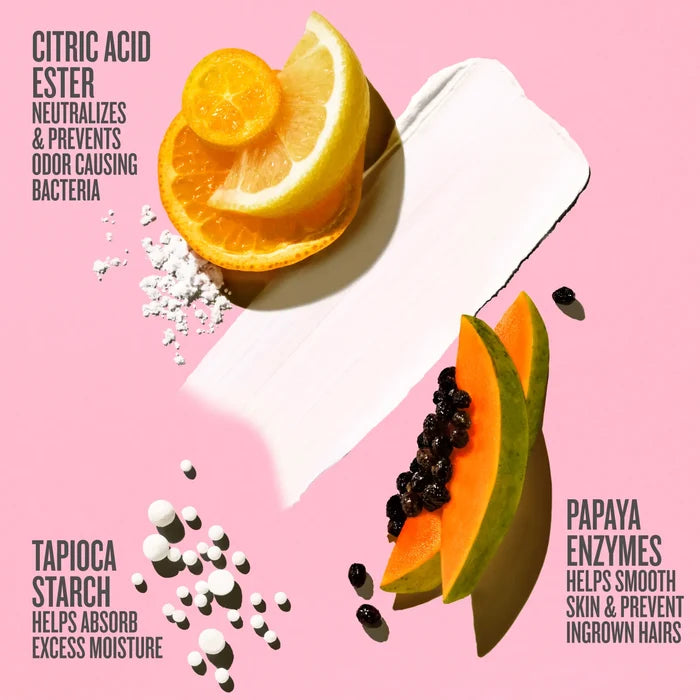 Papaya and lemon slices with text on a pink background