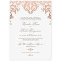 Pink baroque scroll design on the top of the invitation. Grey block and script font centered on the card. Small rose gold flourish separating copy.