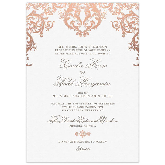 Pink baroque scroll design on the top of the invitation. Grey block and script font centered on the card. Small rose gold flourish separating copy.