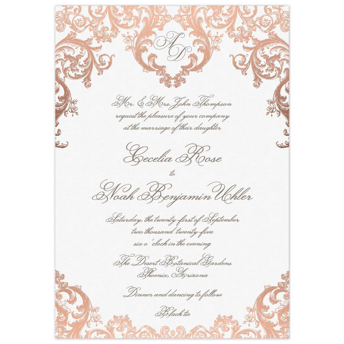 a white paper invitation with baroque rococo rose gold monogram at the top and bottom and dark gray script font