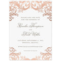 Rose gold baroque scrolls on the top and bottom of the card. Block and script font in grey centered on the page.