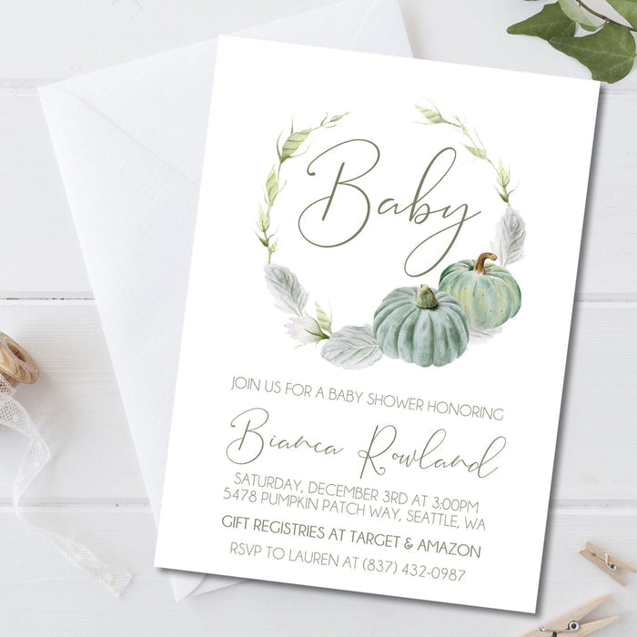 sage green pumpkin invitation cards elegant rustic style