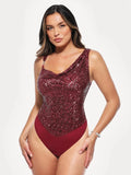 Popilush® Red / XS Sequin Cowl Neck Chain Detail Sculpting Bodysuit