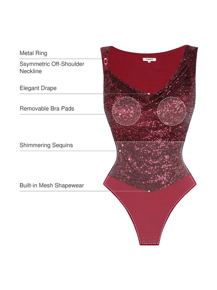 Popilush® Sequin Cowl Neck Chain Detail Sculpting Bodysuit