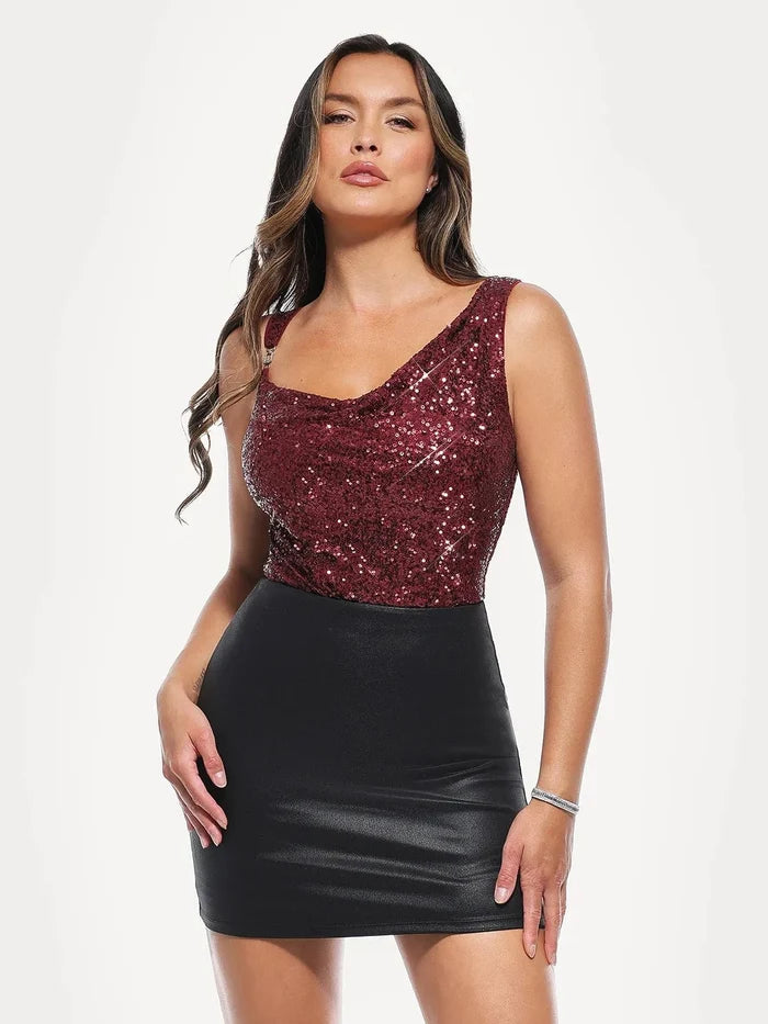 Popilush® Sequin Cowl Neck Chain Detail Sculpting Bodysuit