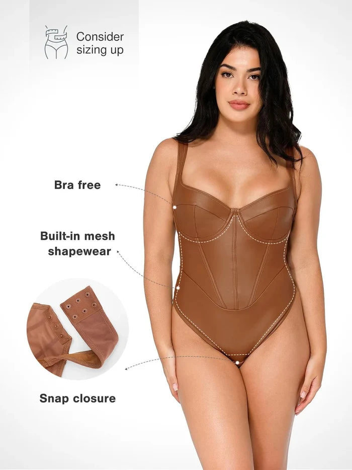 Brown faux leather corset bodysuit with built-in mesh shapewear, bra-free design, and adjustable snap closure.