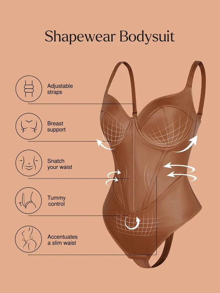 Brown faux leather corset bodysuit with adjustable straps, breast support, waist cinching, and tummy control features.