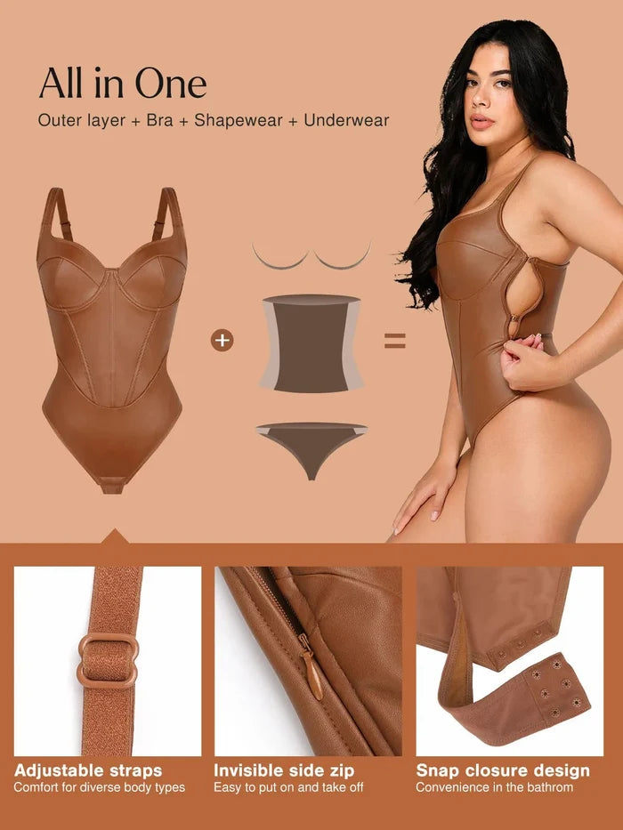 Sculpting faux leather hourglass corset bodysuit in brown, featuring all-in-one design, side zip, and snap closure.