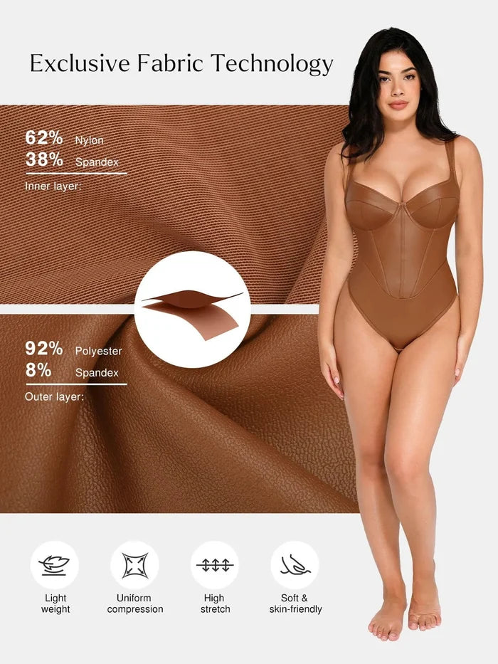 Shapewear faux leather corset bodysuit. Close-up of exclusive fabric tech & composition.
